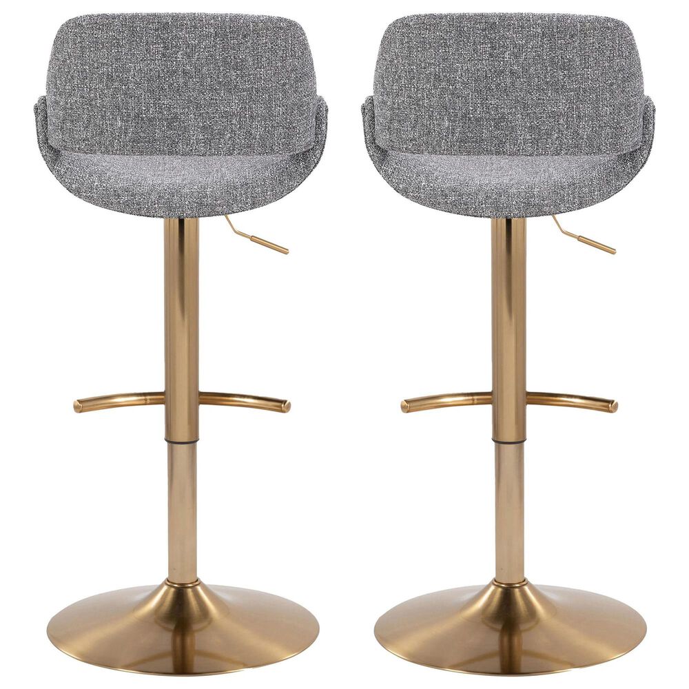 LumiSource Fabrico Swivel Adjustable Bar Stool with Grey Noise Fabric Upholstery and Rounded T Footrest in Gold (Set of 2), , large