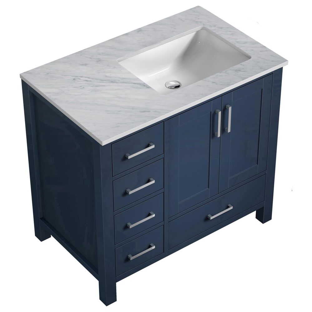 Lexora Home Jacques 36" Right Single Bathroom Vanity in Navy Blue with White Carrara Marble Top and Rectangle Sink, , large