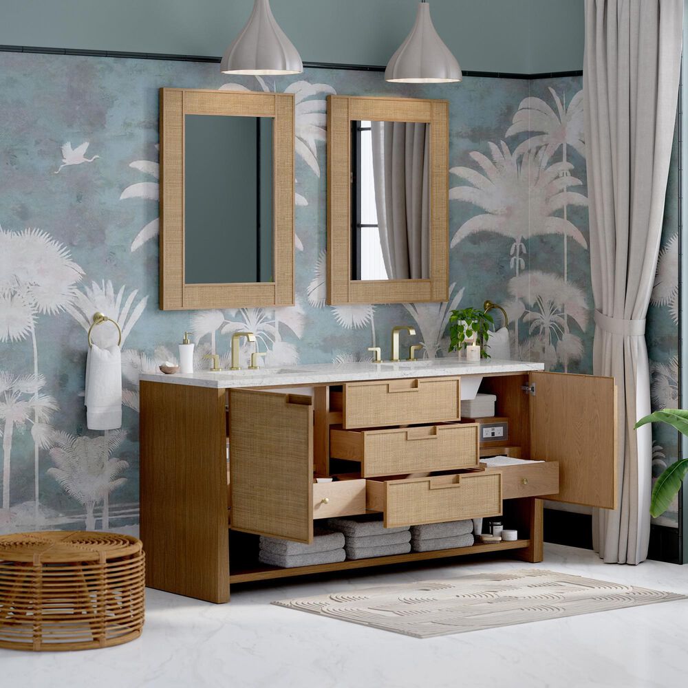 James Martin Vanities Solene 72&quot; Double Bathroom Vanity in Seaside Oak with 3 cm Eternal Jasmine Pearl Quartz Top and Rectangular Sinks, , large