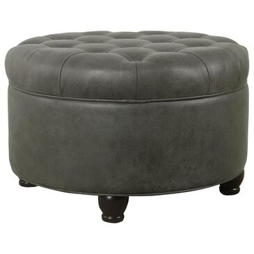 Kinfine Large Round Storage Ottoman in Gray Faux Leather, , large