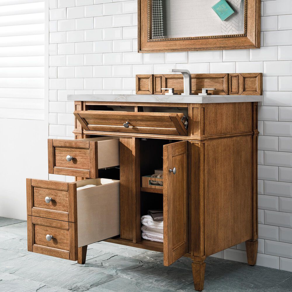 James Martin Vanities Brittany 30&quot; Single Bathroom Vanity in Saddle Brown with 3 cm Victorian Silver Quartz Top and Rectangular Sink, , large