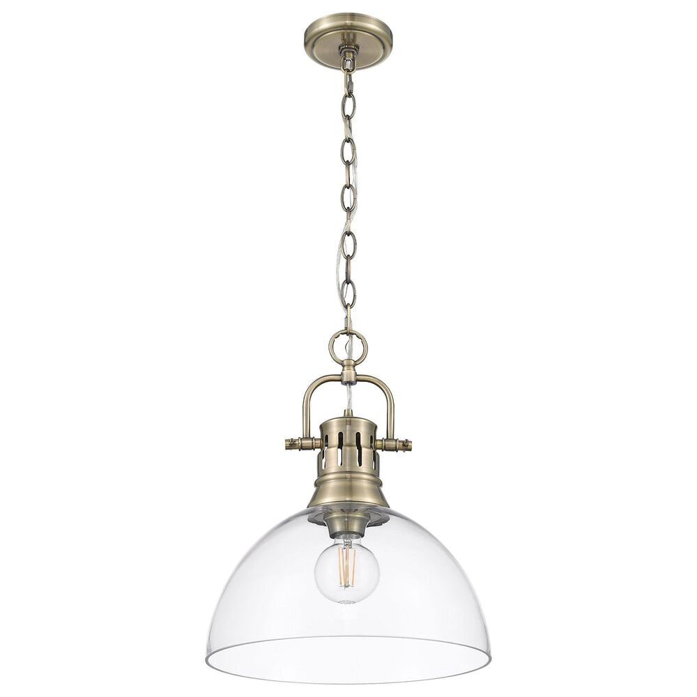 Golden Lighting Duncan 1-Light Pendant with Chain and Clear Glass Shade in Aged Brass, , large