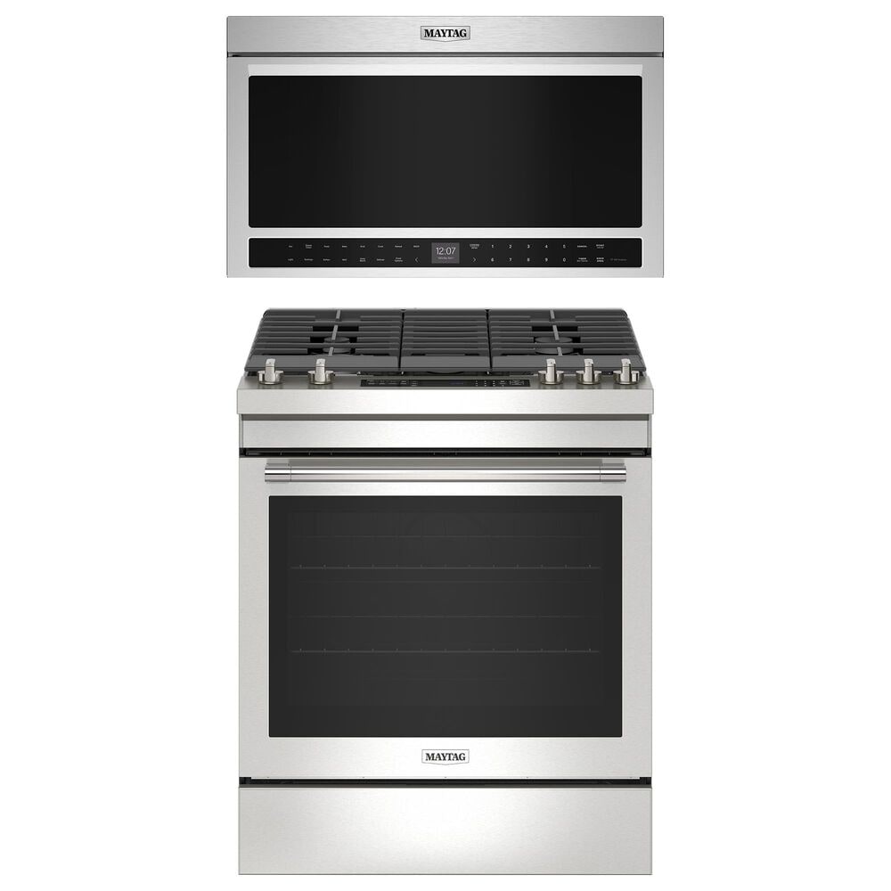 Maytag 2-Piece Kitchen Package with 5.8 Cu. Ft. Gas Range and 1.1 Cu. Ft. Over-The-Range Toaster Oven in Fingerprint Resistant Stainless Steel, , large
