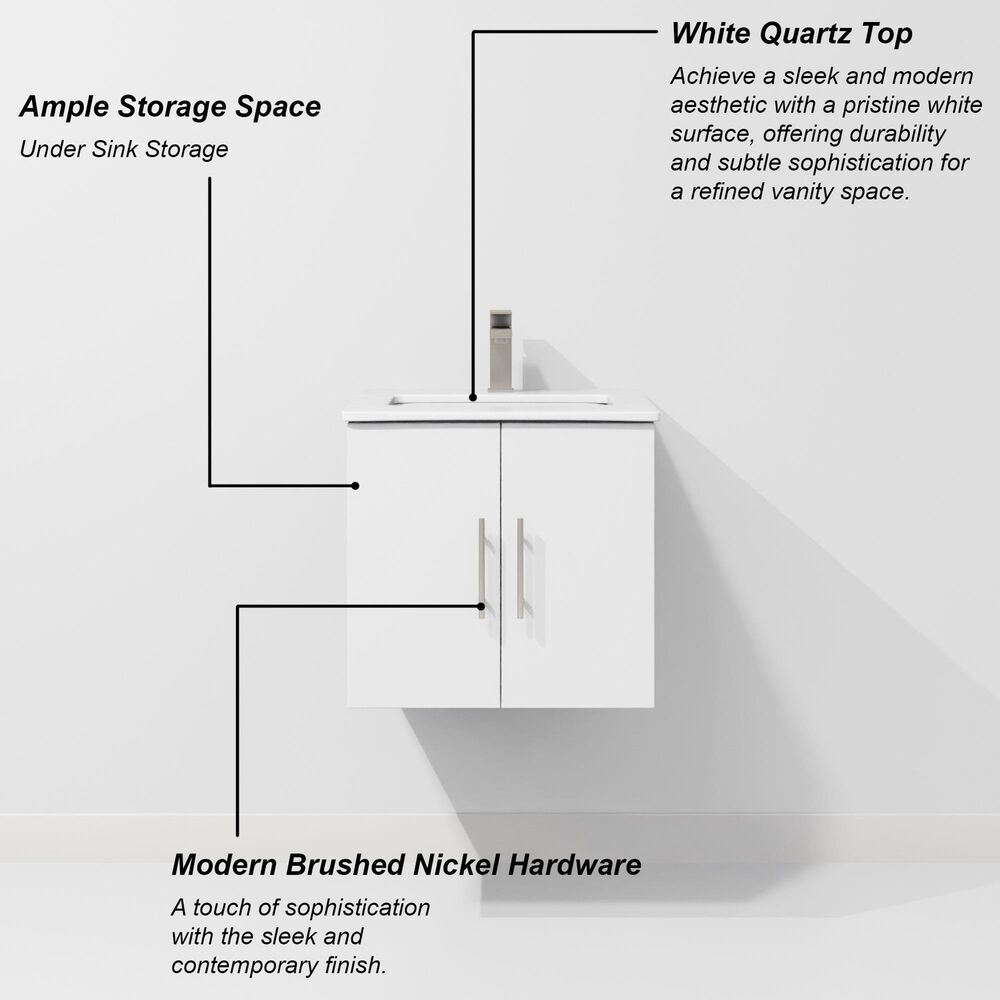 Lexora Home Geneva 24" Single Bathroom Vanity in Glossy White with 2 cm White Quartz Top and Rectangular Sink, , large