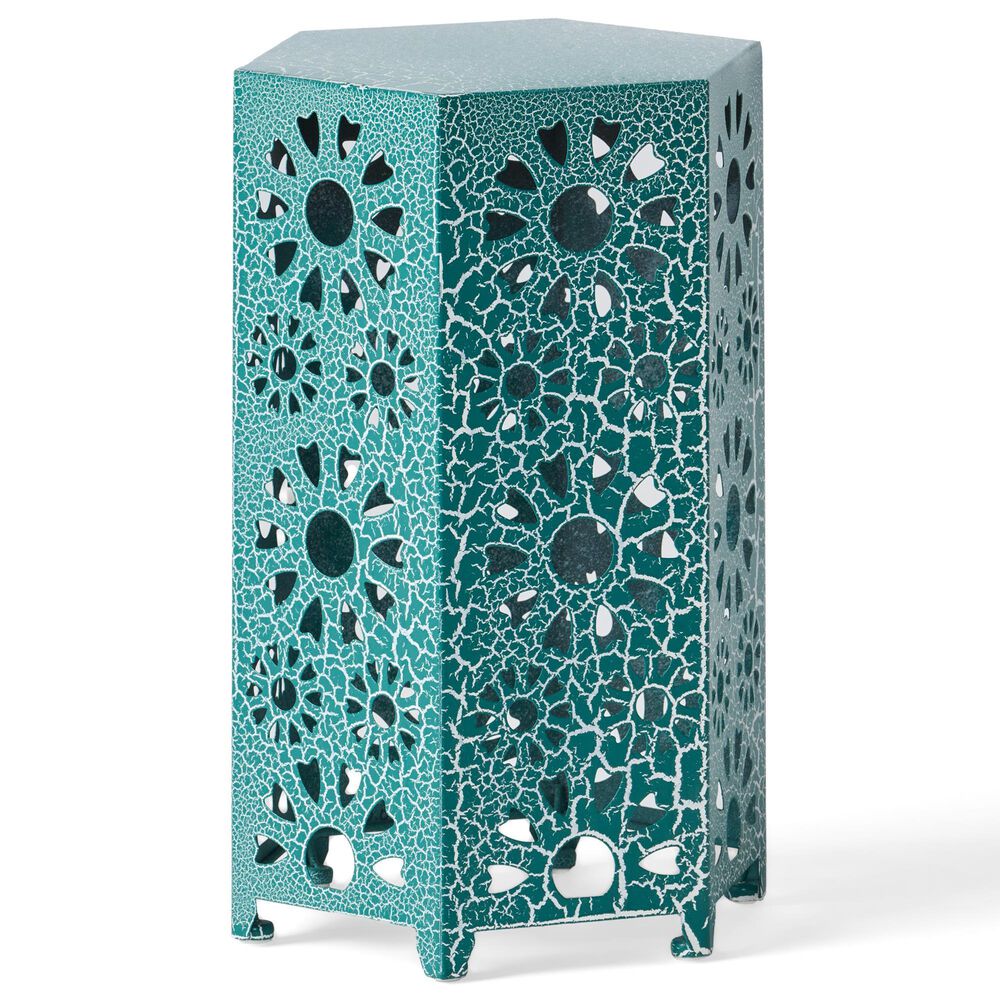 Hearth and Haven Eliana 12" Outdoor Hexagon Metal Side Table with Sunburst Cut Out Design in Teal, , large