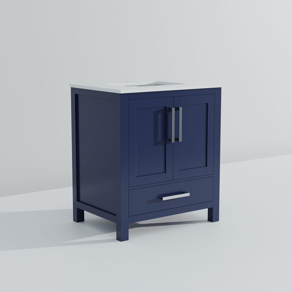 Lexora Home Jacques 30&quot; Single Bathroom Vanity in Navy Blue with 2 cm White Quartz Top and Rectangular Sink, , large