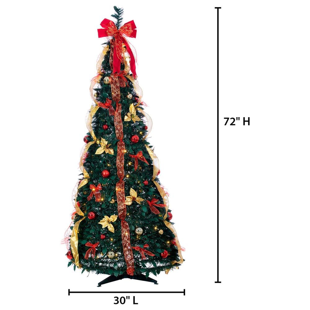 The Gerson Company 6&#39; Pop-Up Decorated Pine Tree with 150 UL Warm White LED Lights in Green, Red and Gold, , large