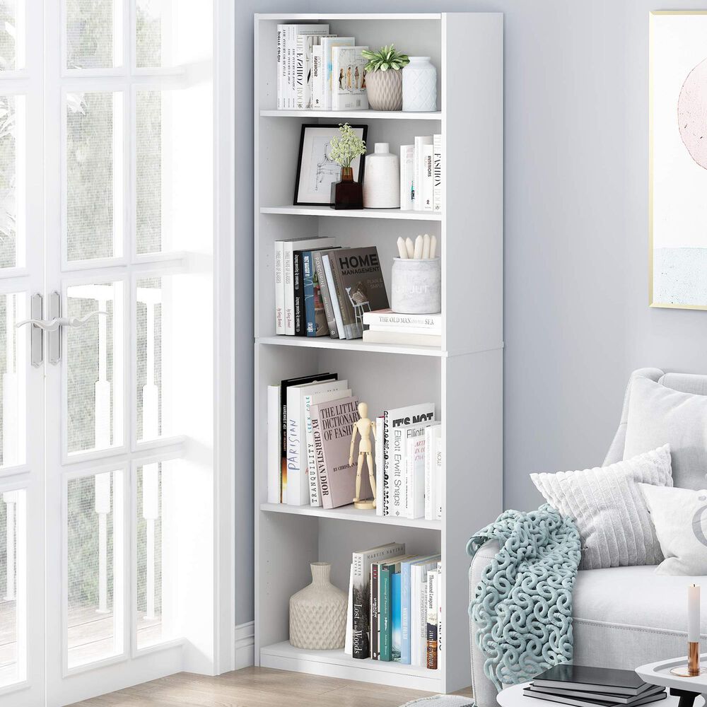 HOMLUX 5-Tier Display Bookshelf with Adjustable Shelves in White, , large