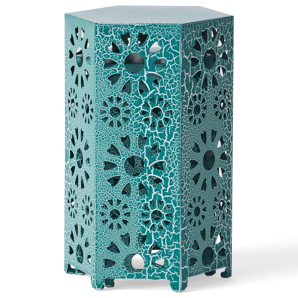 Hearth and Haven Eliana 2-Piece Outdoor Hexagon Metal Side Table Set with Sunburst Cut Out Design in Teal, , large