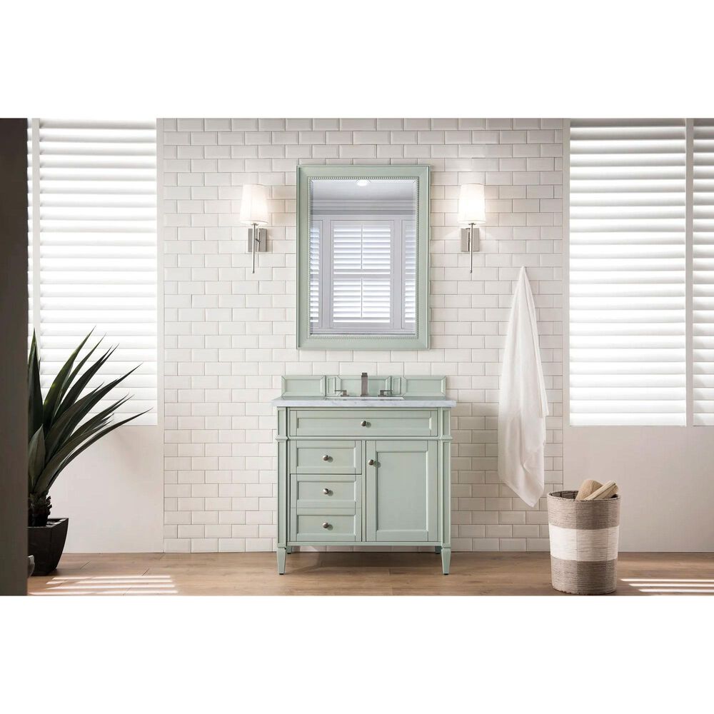 James Martin Vanities Brittany 36&quot; Single Bathroom Vanity in Sage Green with 3 cm Carrara White Marble Top and Rectangle Sink, , large