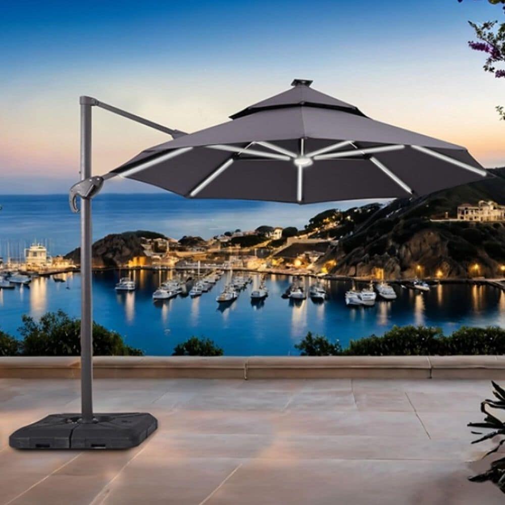 Furniture of America Zora 10&#39; LED Bulb Double Top Octagon Patio Umbrella with Base in Gray, , large