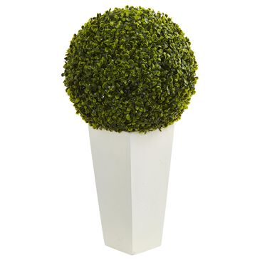 Nearly Natural Inc 28" Boxwood Topiary Ball Artificial Plant in White Tower Planter (Indoor/Outdoor), , large