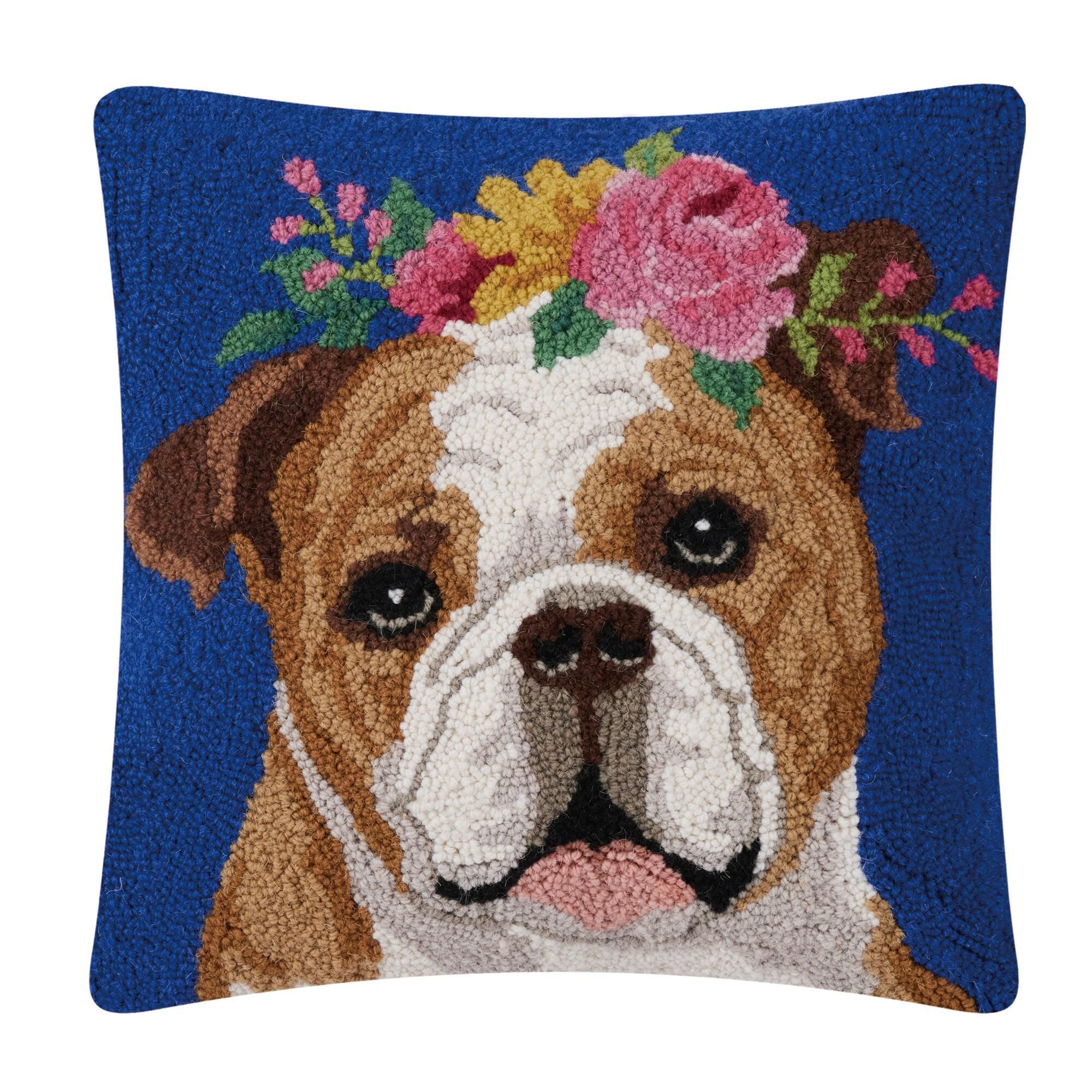 Peking Handicraft Floral Bulldog 18 x 18 Throw Pillow in Brown and Dark Blue Shop NFM