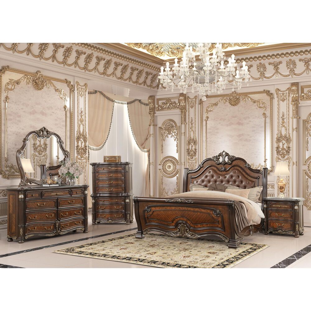 New Heritage Design Bella Note 5-Piece King Sleigh Bedroom Set in Mahogany Brown and Antique Gold, , large