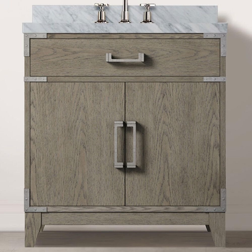 Lexora Home Laurel 30" Single Bathroom Vanity in Grey Oak with White Carrara Marble Top and Rectangular Sink, , large