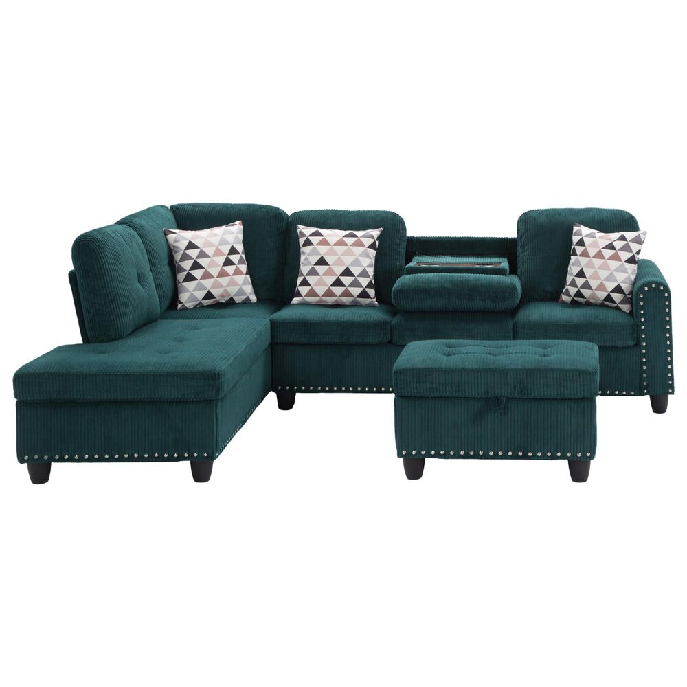 HOMLUX 94.49" L-Shaped Modular Sectional Sofa with Storage Ottoman and Cup Holders in Green, , large