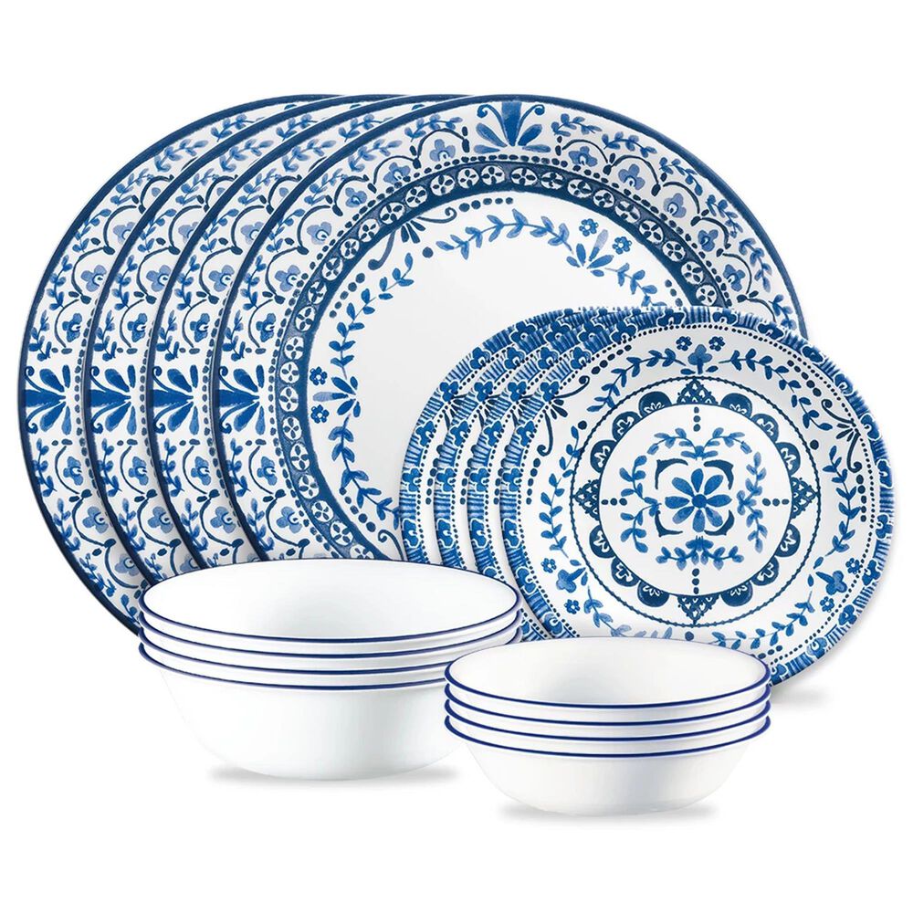 Corelle Portofino 16-Piece Dinnerware Set in White and Blue, , large