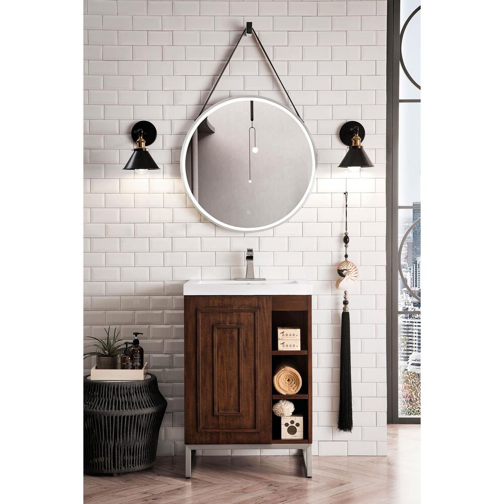 James Martin Vanities Alicante 24&quot; Single Bathroom Vanity in Mid Century Acacia and Brushed Nickel with 5 cm White Glossy Resin Top and Rectangular Sink, , large
