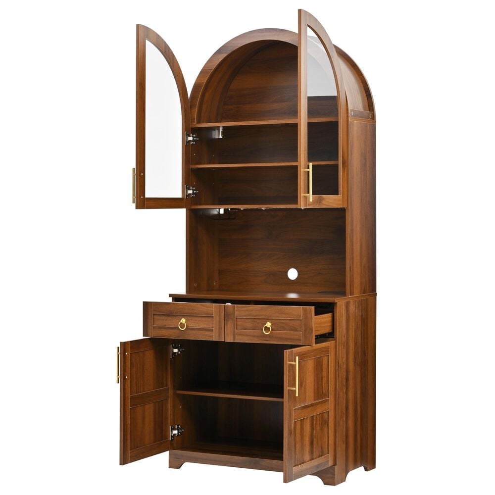 HOMLUX 75" Arched Kitchen Pantry Cabinet with LED Light in Walnut, , large