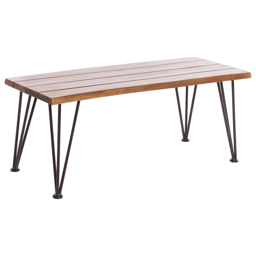 Hearth and Haven Zion Outdoor Modern Rectangular Coffee Table with Metal Hairpin Legs in Teak, , large