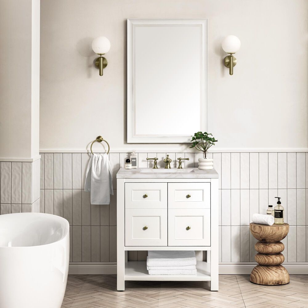 James Martin Vanities Breckenridge 30&quot; Single Bathroom Vanity in Bright White with 3 cm Victorian Silver Quartz Top and Rectangular Sink, , large