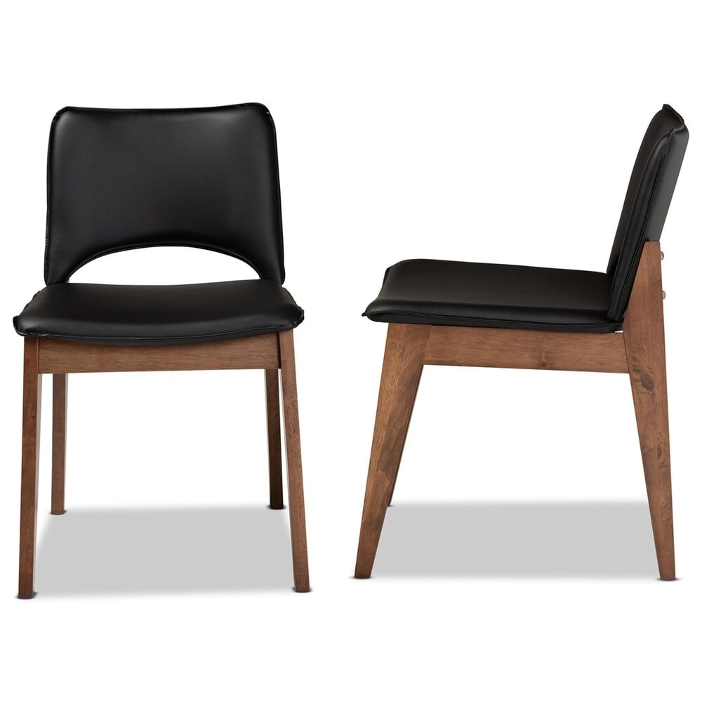 Baxton Studio Afton Side Chair with Black Faux Leather in Walnut Brown (Set of 2), , large