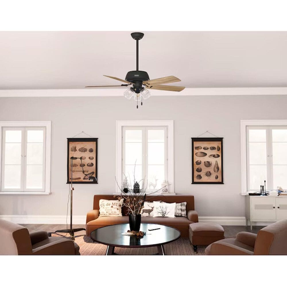 Hunter Shady Grove 52&quot; LED Indoor Ceiling Fan with Light in Matte Black with Golden Maple Blades, , large