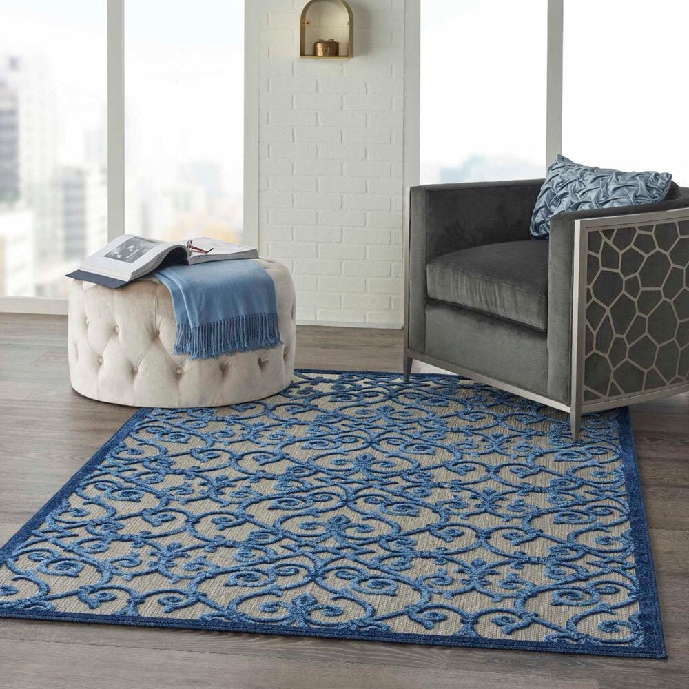 Nourison Aloha Damask 5&#39;3&quot; x 7&#39;5&quot; Grey and Blue Indoor/Outdoor Area Rug, , large