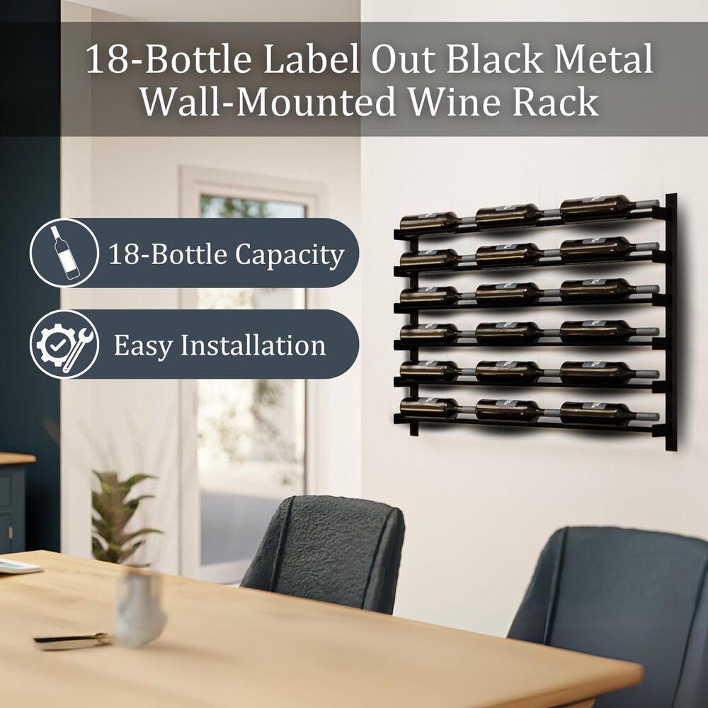 HOMLUX Modern 18-Bottle Metal Wall Mounted Wine Rack in Black, , large