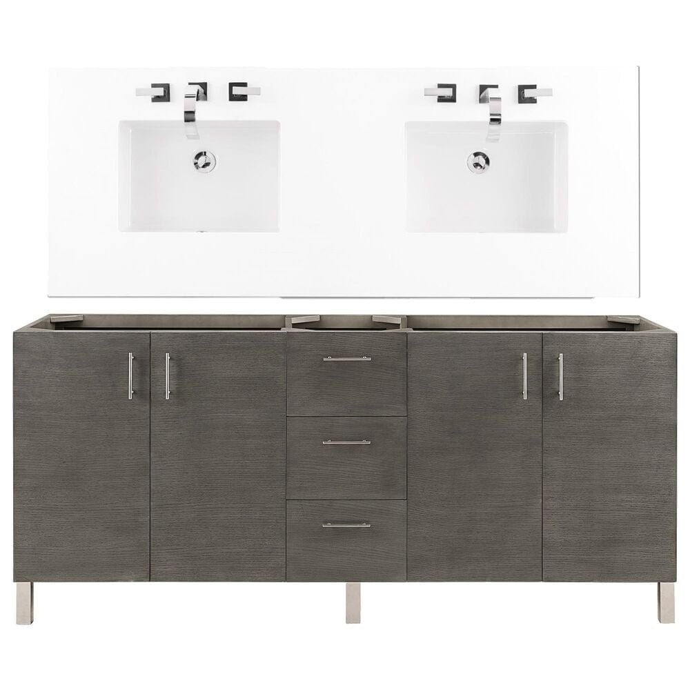 James Martin Vanities Metropolitan 72" Double Bathroom Vanity in Silver Oak and Chrome with 3 cm White Zeus Quartz Top and Rectangular Sinks, , large