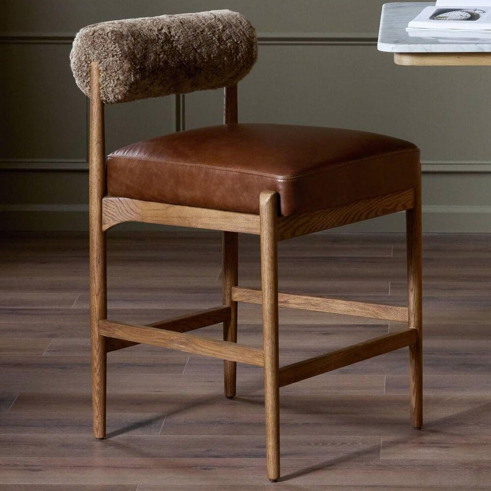 Four Hands Jazelle Counter Stool with Taupe Shearling Upholstery in Tan Oak, , large