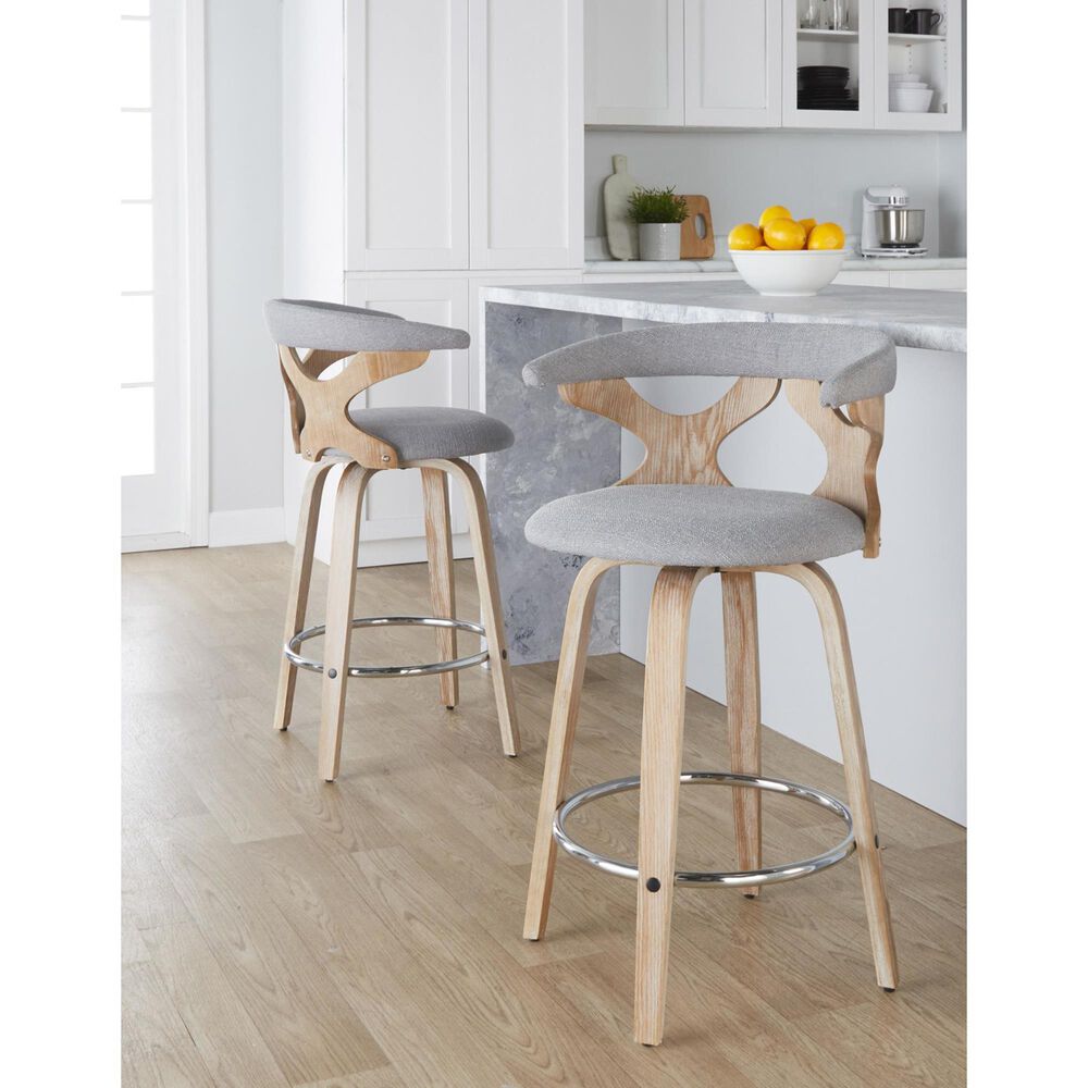 LumiSource Gardenia Swivel Fixed-Height Counter Stool with Light Grey Fabric Upholstery in Chrome and Whitewashed (Set of 2), , large