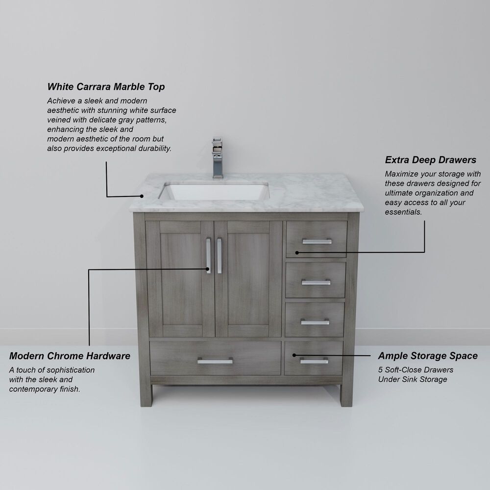 Lexora Home Jacques 36&quot; Left Offset Single Bathroom Vanity in Distressed Grey with 2 cm White Carrara Marble Top and Rectangular Sink, , large