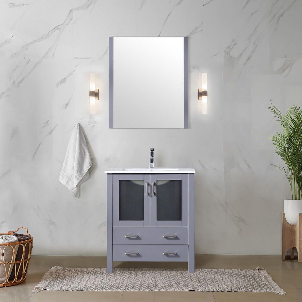 Lexora Home Volez 30&quot; Single Bathroom Vanity in Dark Grey with 2 cm White Ceramic Top and Rectangular Sink, , large