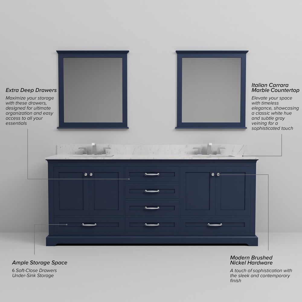 Lexora Home Dukes 80&quot; Double Bathroom Vanity in Navy Blue with 2 cm White Carrara Marble Top and Rectangular Sinks, , large