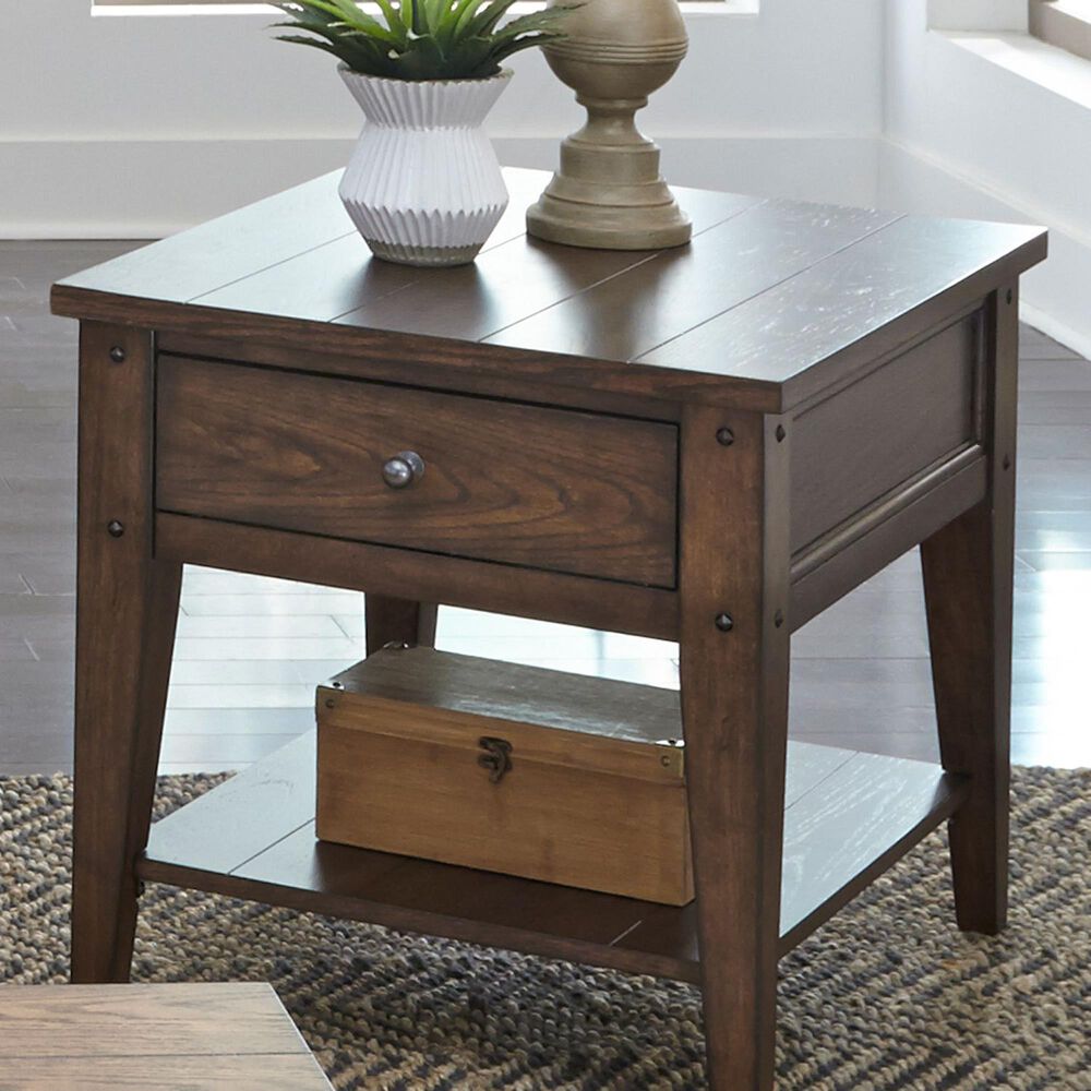 Belle Furnishings Lake House End Table in Rustic Brown Oak, , large