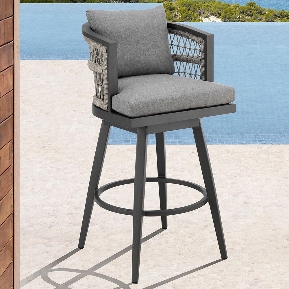 Armen Living Zella Patio Swivel Counter Height Bar Stool with Earl Gray Cushion in Gray, , large