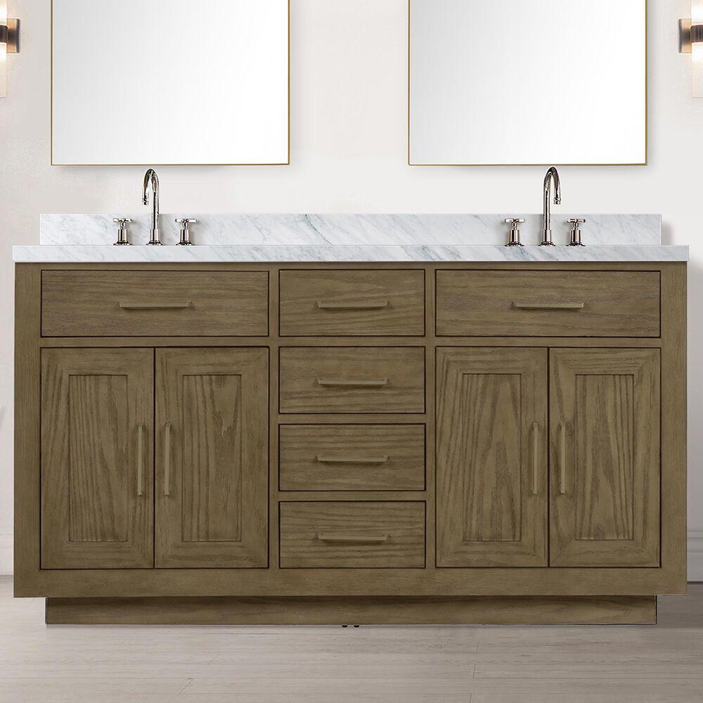 Lexora Home Abbey 60&quot; Double Bathroom Vanity in Grey Oak with 2 cm White Carrara Marble Top and Rectangular Sinks, , large
