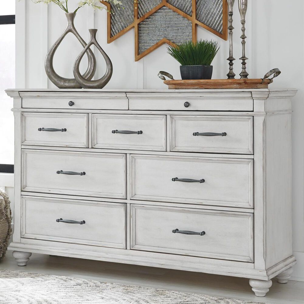 Signature Design by Ashley Kanwyn 9 Drawer Dresser in Distressed Whitewash  | Nebraska Furniture Mart