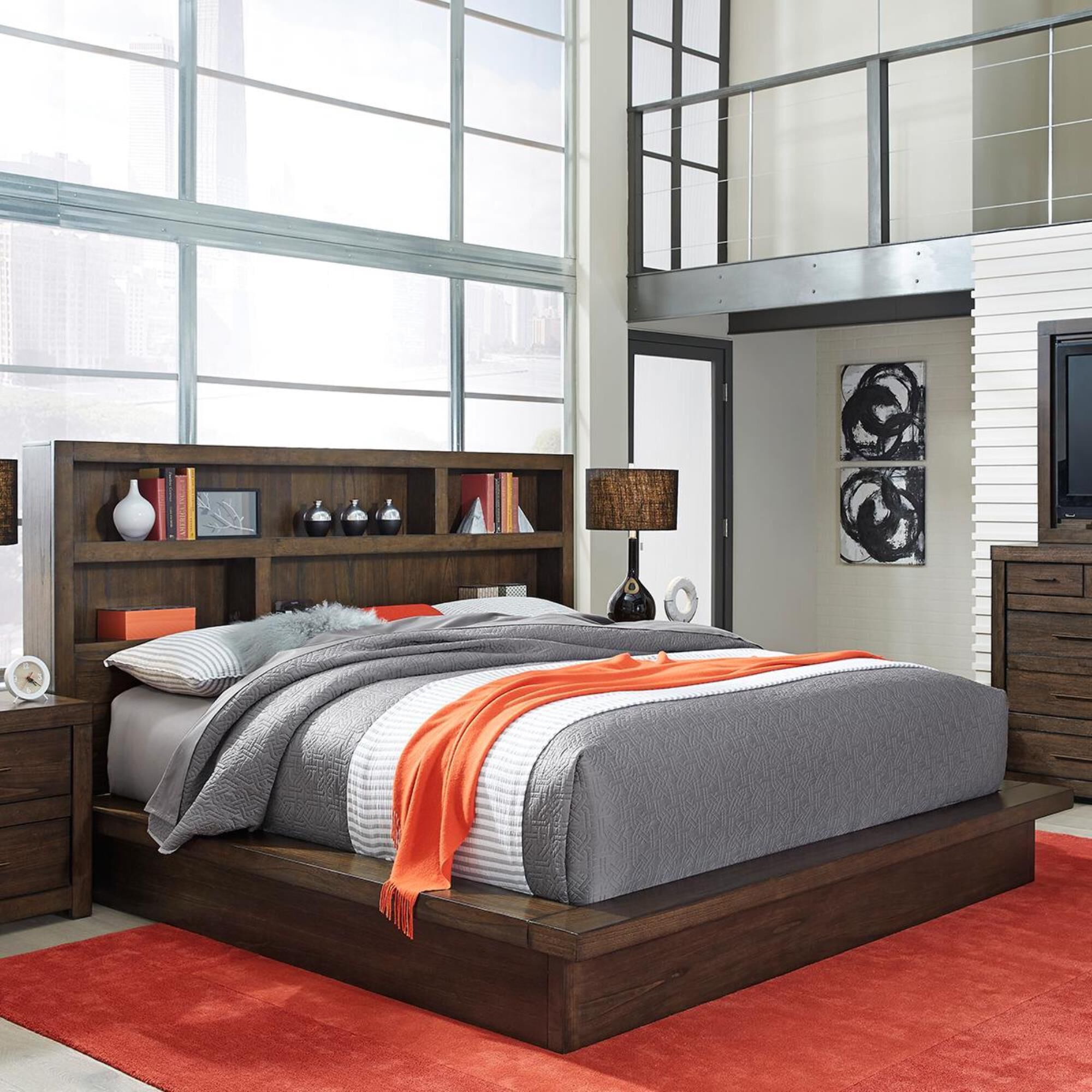 Queen platform bed on sale with bookcase headboard