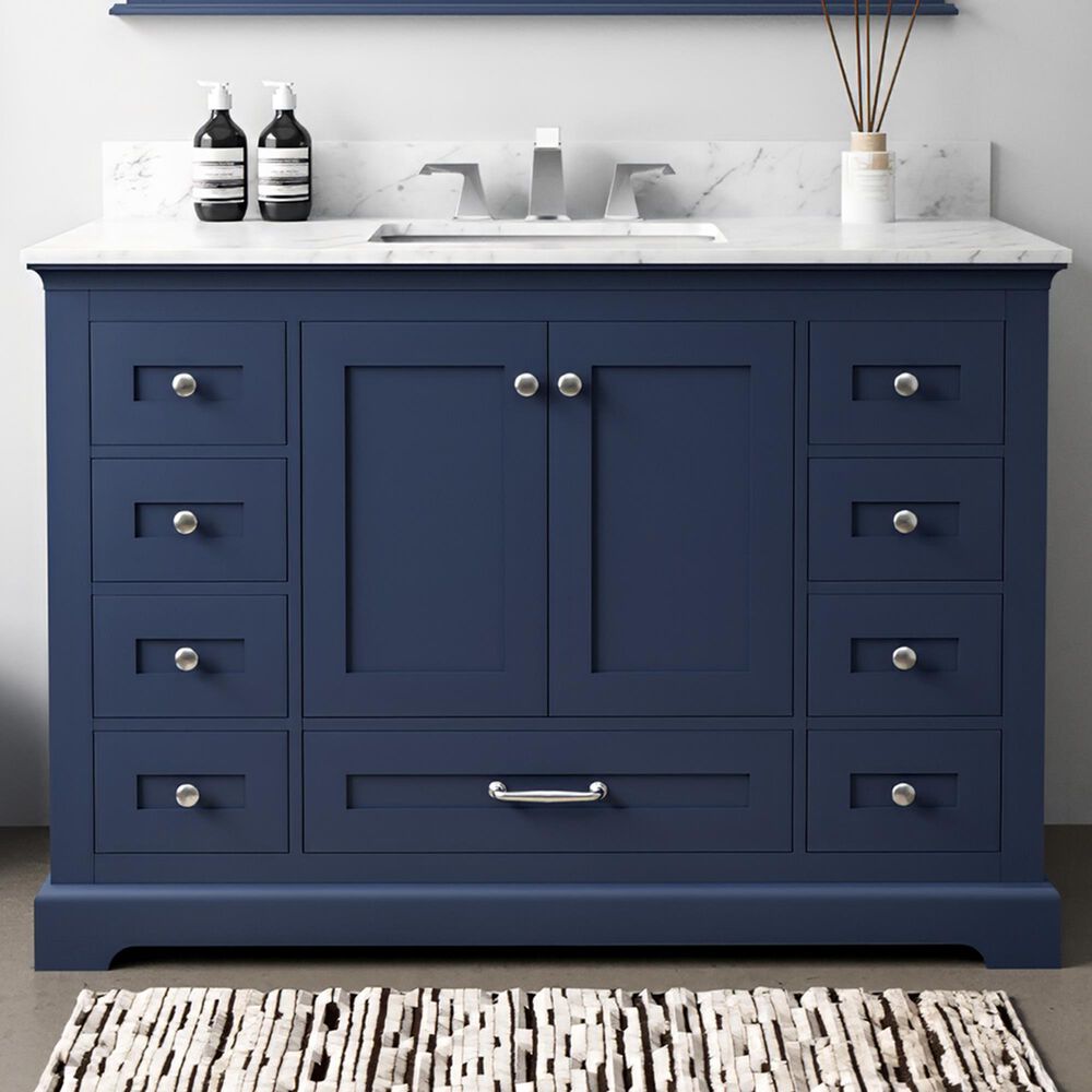 Lexora Home Dukes 48" Single Bathroom Vanity in Navy Blue with 2 cm White Carrara Marble Top and Rectangular Sink, , large