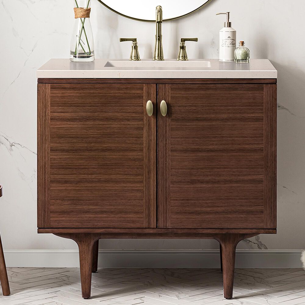 James Martin Vanities Amberly 36&quot; Single Bathroom Vanity in Walnut with 3 cm Eternal Marfil Quartz Top and Rectangular Sink, , large