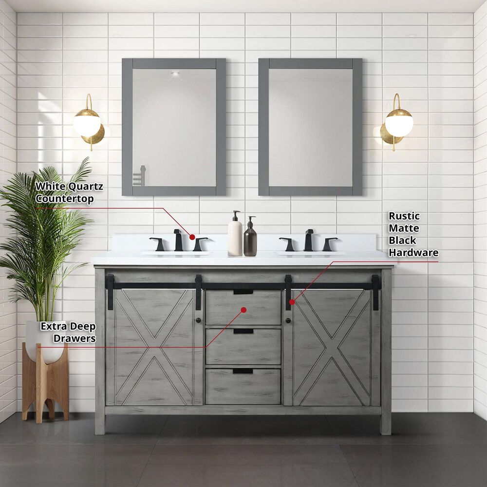 Lexora Home Marsyas 60&quot; Double Bathroom Vanity in Ash Grey with White Quartz Top and Rectangular Sinks, , large