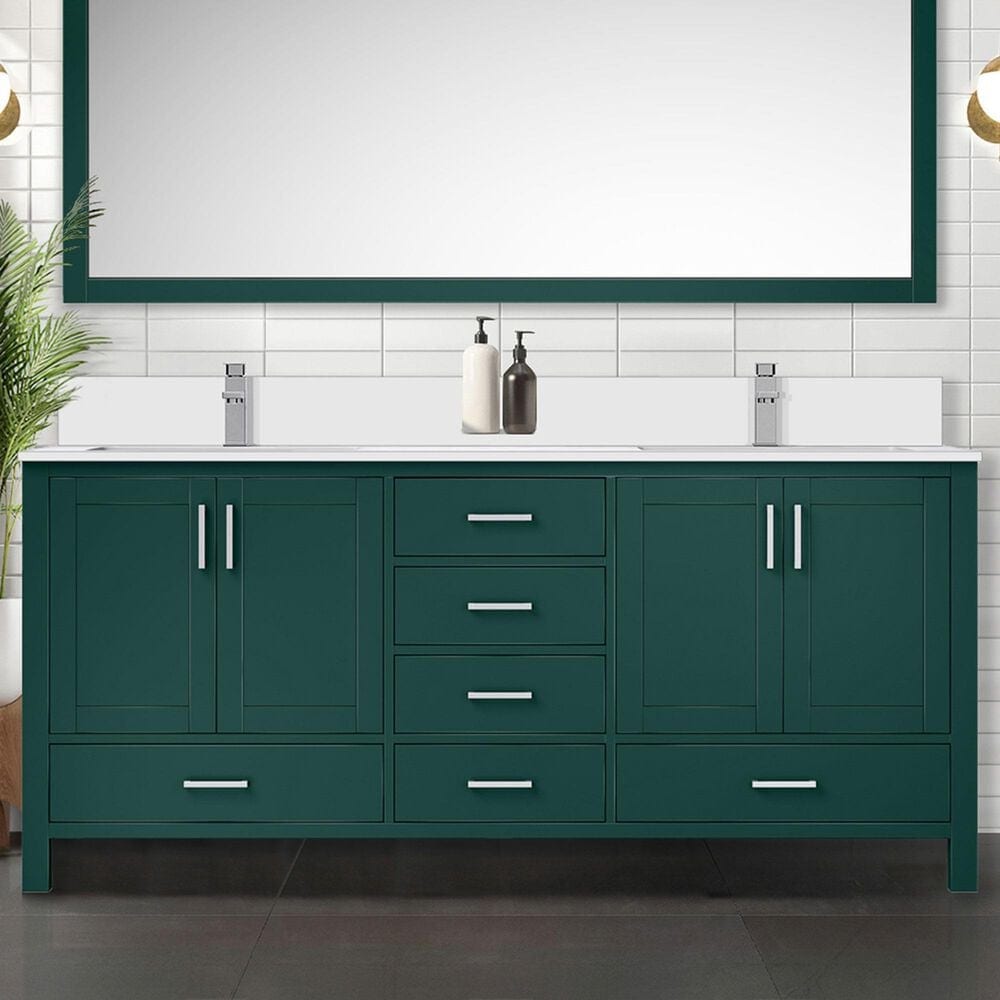 Lexora Home Jacques 72&quot; Double Bathroom Vanity in Green with 2 cm White Cultured Marble Top and Rectangular Sinks, , large