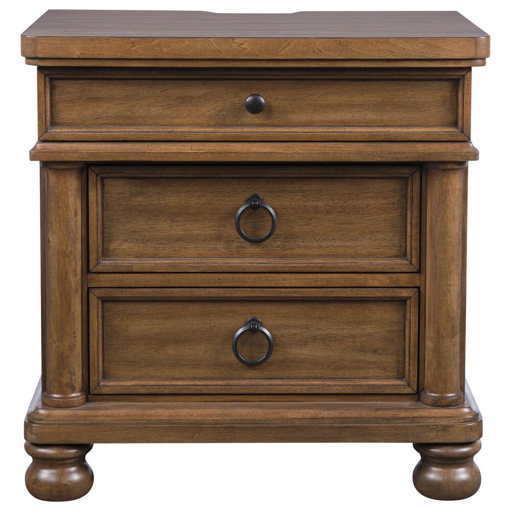 Ashley Rowlenstown 3 Drawer Nightstand in Medium Brown with Outlet and USB Ports, , large