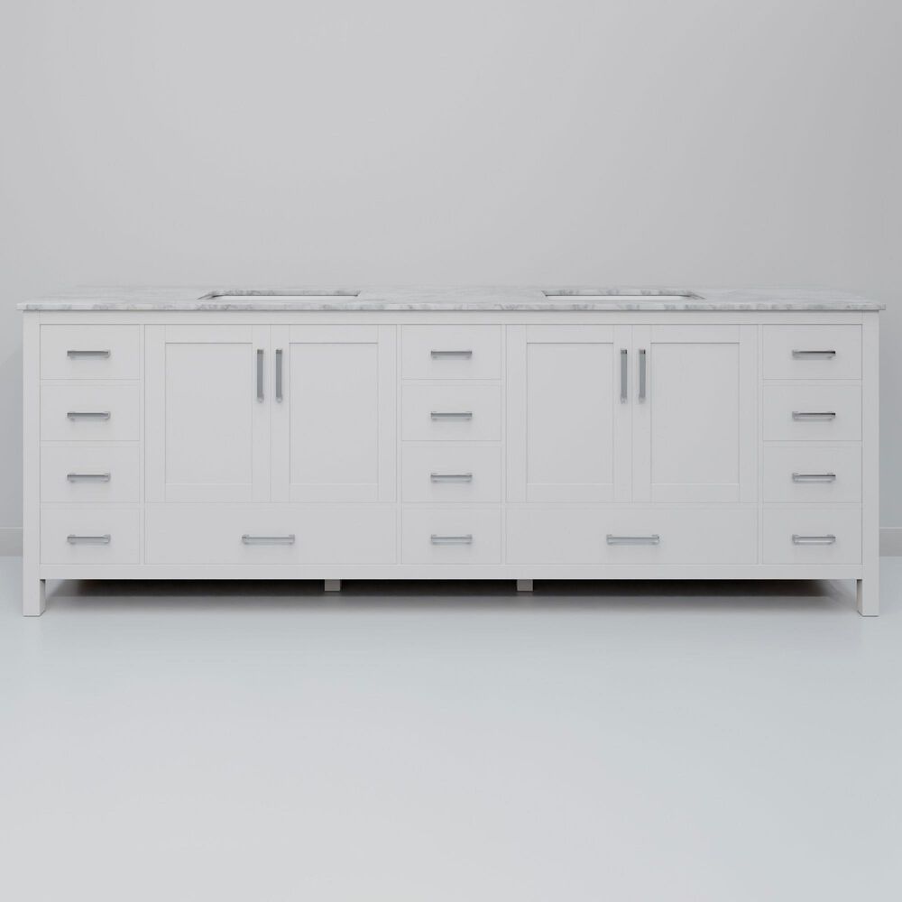 Lexora Home Jacques 84&quot; Double Bathroom Vanity in White with 2 cm White Carrara Marble Top and Rectangular Sinks, , large