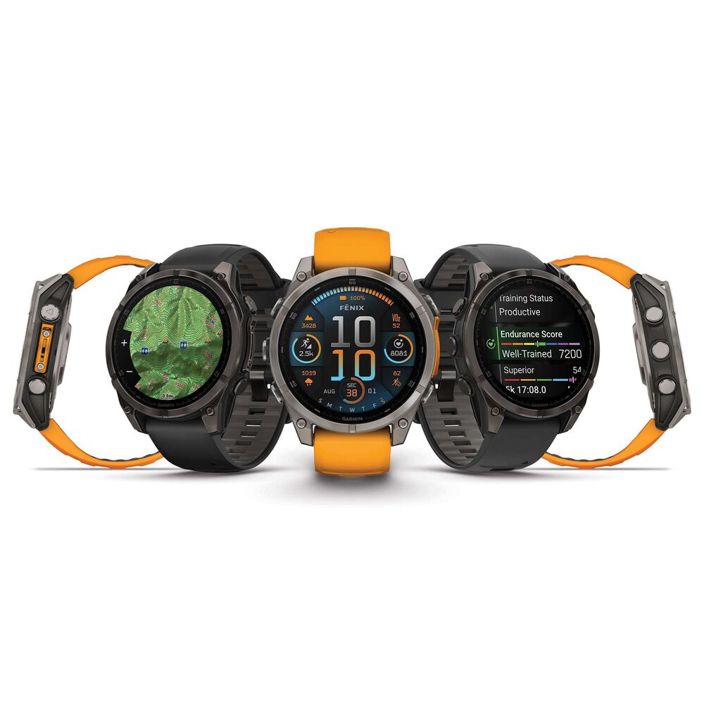 Garmin Fenix 8 Sapphire AMOLED Smartwatch 51mm Titanium Case with Spark Orange and Graphite Silicone Band, , large