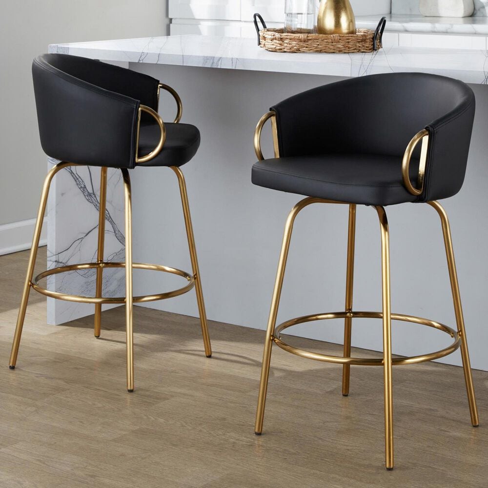 LumiSource Claire Swivel Counter Stool with Black Faux Leather Upholstery in Gold (Set of 2), , large