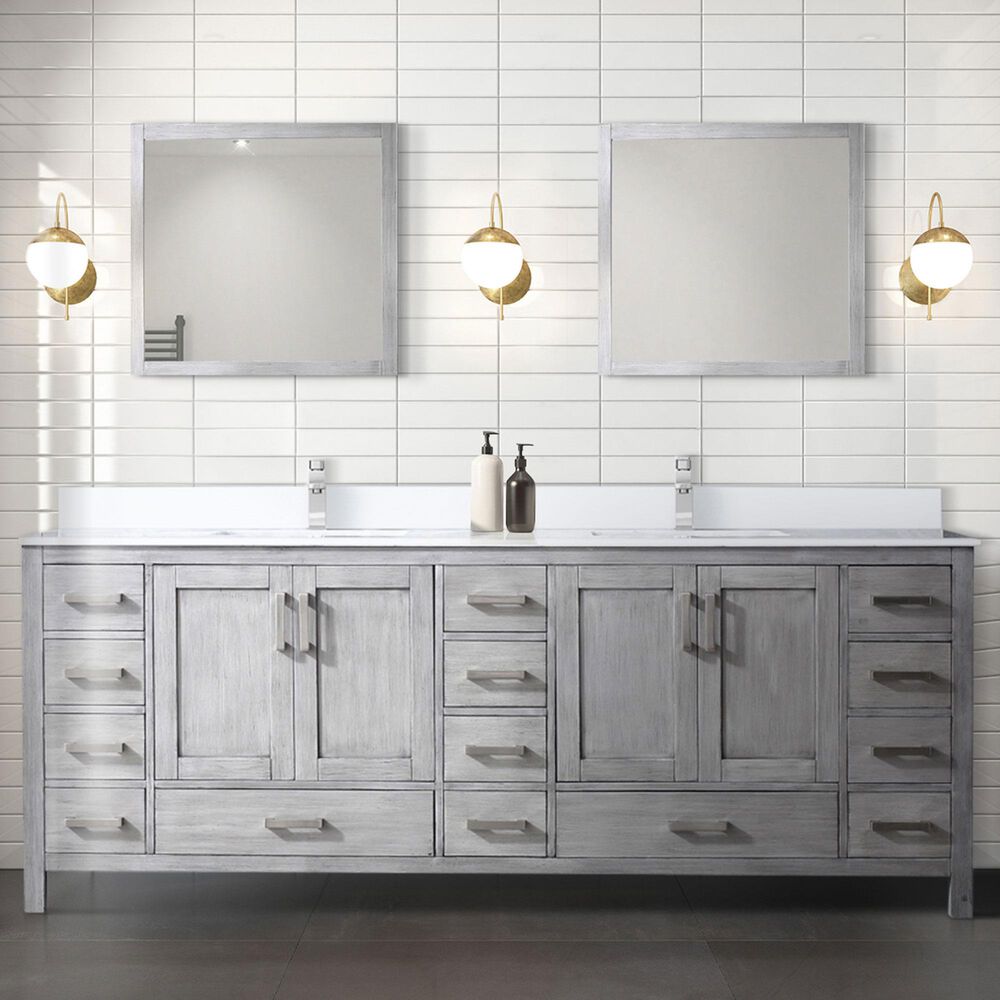 Lexora Home Jacques 84&quot; Double Bathroom Vanity in Distressed Grey with 2 cm White Cultured Marble Top and Rectangular Sinks, , large