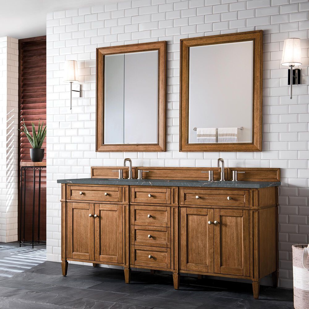 James Martin Vanities Brittany 72&quot; Double Bathroom Vanity in Saddle Brown with 3 cm Parisien Bleu Quartz Top and Rectangular Sinks, , large